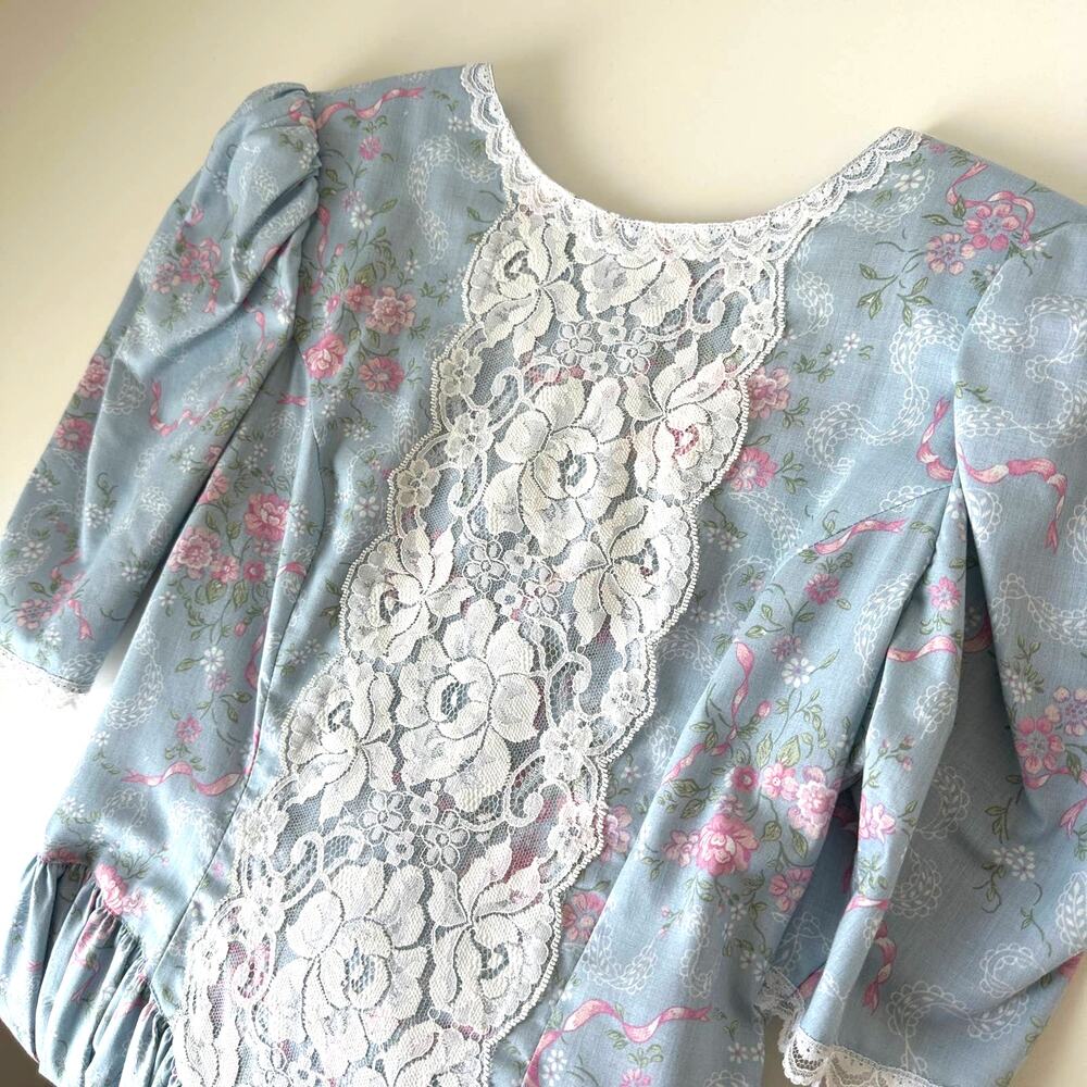 Vintage 80s Gunne Sax by Jessica McClintock Floral Lace Bow Midi Dress Size 9/10 - Picture 4 of 11